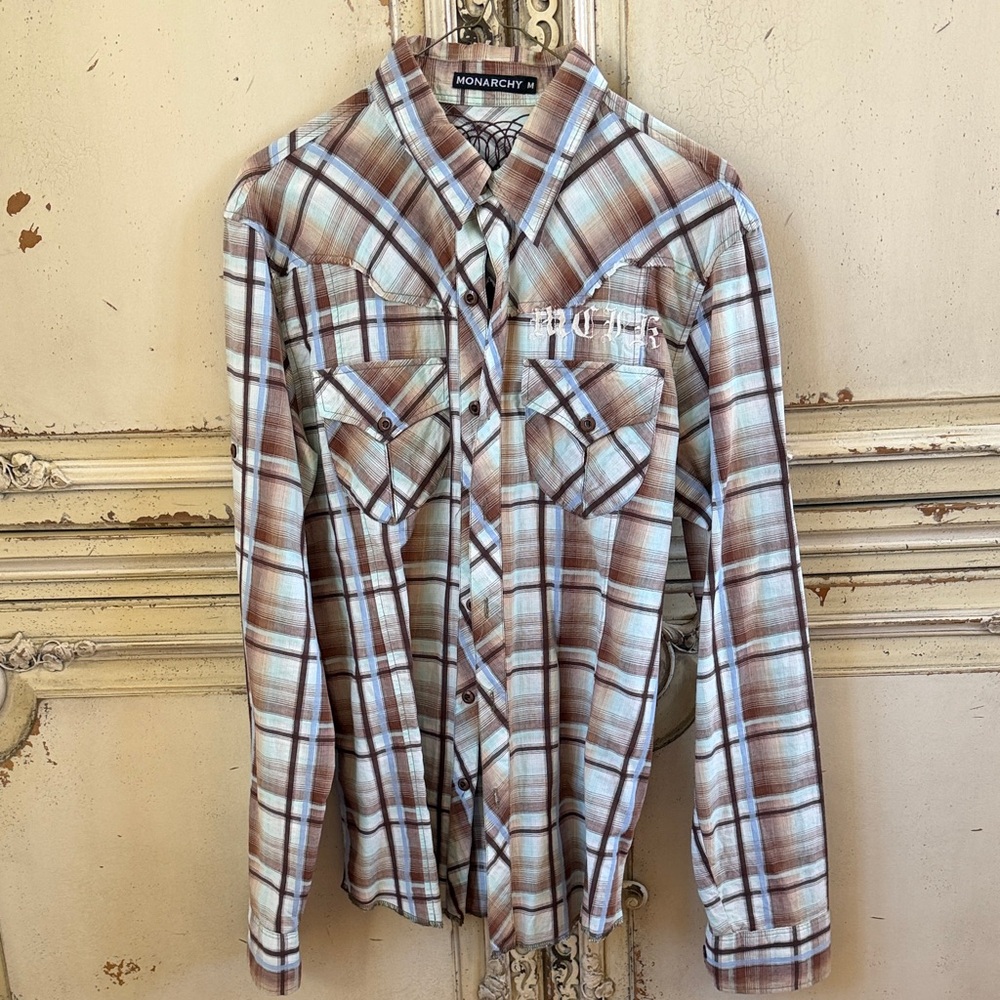 Monarchy Plaid Button-Up Shirt in Brown and Light Blue